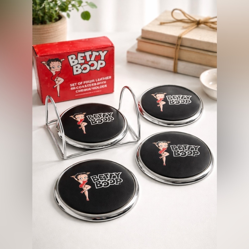 Betty boop vintage leather coaster set with chrome holder set of 4